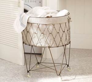 Pottery Barn French Wire Basket Folding Collapsible Laundry Cart Hamper Vintage