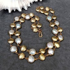 2 rows 17mm Freshwater Cultured White Coin Pearl 15mm Brushed Bead Necklace