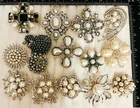 Lot 15 VTG Style Costume Jewelry Brooches Pearl Rhinestone Cross Floral Sheep