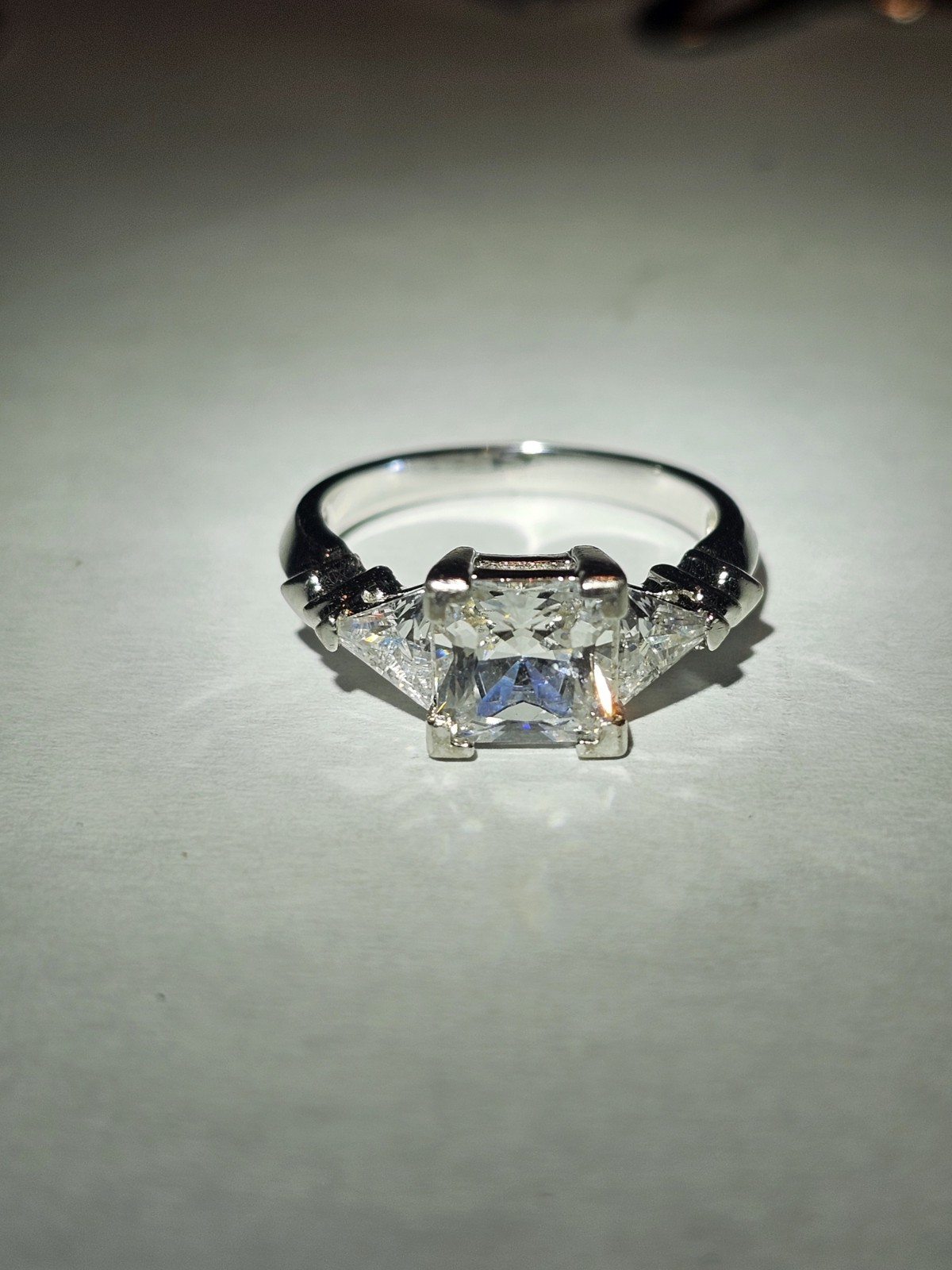 925 Sterling Silver Princess Cut CZ 3-Stone Engagement Ring with Trillion 7