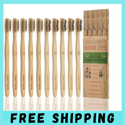 Bamboo Toothbrushes 10 Pack Biodegradable Soft Medium Charcoal Bristles