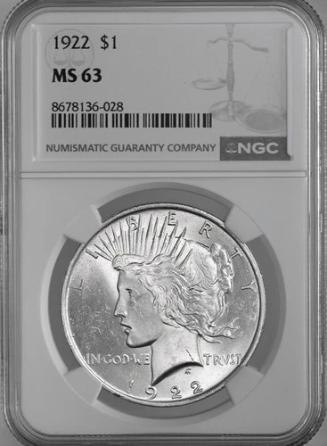 1922-P  $1 PEACE SILVER DOLLAR  "PHILADELPHIA MINT"  NGC MS63 #8678136-028