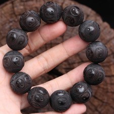Ebony Wood Bead Bracelet 20mm Carved Bagua Mala Prayer Jewelry for Men Women