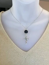 Lava Bead Antique Silver Rose Cross Pendant Necklace Stainless Chain 16,18, 20in