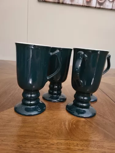 SET OF 4 Green BY HALL (& WHITE) #1273 6" IRISH COFFEE PEDESTAL FOOTED MUGS-VGC