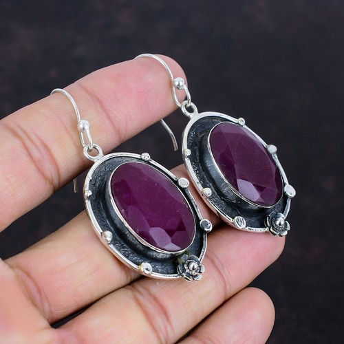 Valentines Deal Sterling Silver Kashmir Rubi Gemstone Hook Drop Earrings Jewelry - Picture 6 of 7