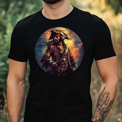 Mens Pirate With Headphones Print Cotton T-Shirt Size XS to 5XL