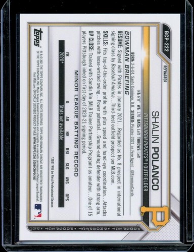 2021 1st Bowman Chrome ~ Shalin Polanco ~ Refractor /499 ~ #BCP-222 ~ Pirates - Picture 2 of 2