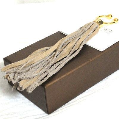 Auth Vintage Loewe Tassel Key Ring Charm Beige Leather/Goldtone Metal in Box