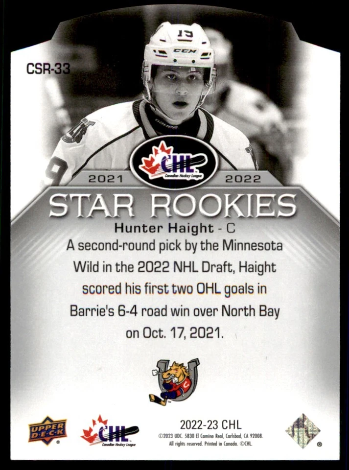 2022-23 UPPER DECK CHL STAR ROOKIES DIE-CUT HUNTER HAIGHT BARRIE COLTS #CSR-33 - Image 2 of 2
