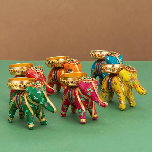 Handcrafted Elephant Tealight Candle Holder ,Multicolor, 8 X 5 X10cm , Pack of 6