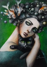 ORIGINAL ACRYLIC Surreal PORTRAIT of Woman & Cat MODERN Stylish Design  PAINTING