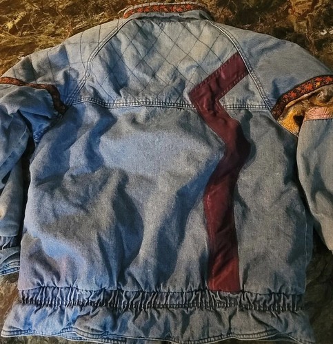 Vintage 80's Denim Puffy Jacket Embellished Fabric Patchwork Size M Boho •☆• - Picture 7 of 8