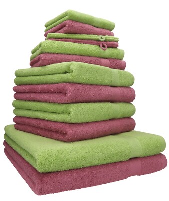 12er Handtuch Set Handtücher Duschtücher PREMIUM 100% BW beere / avocadogrün 