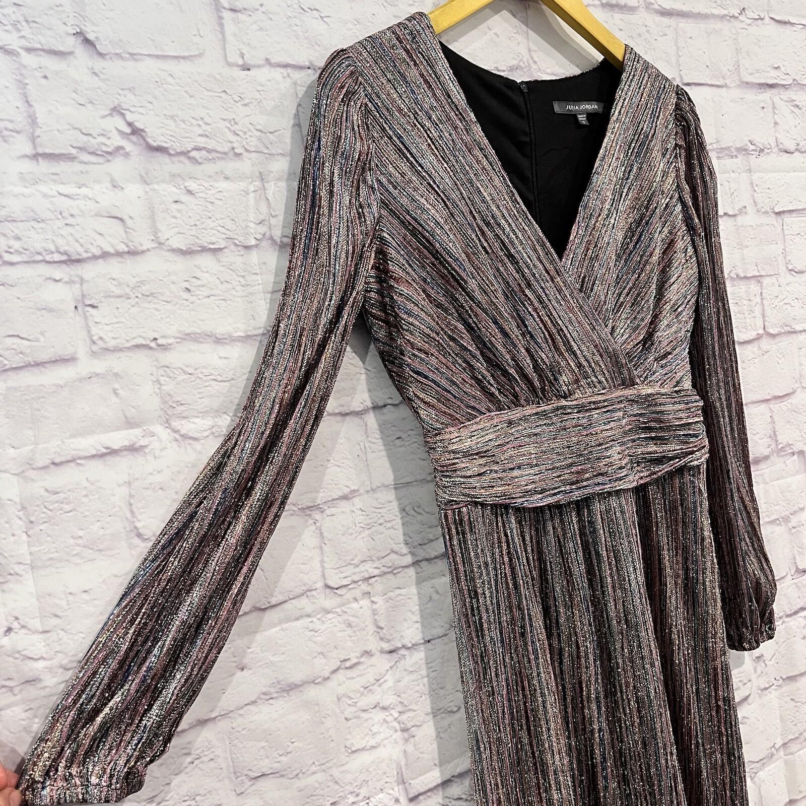 Julia Jordan Multi Colored Shimmery Stripe Metallic Long Sleeve Faux Wrap Dress thumbnail 5