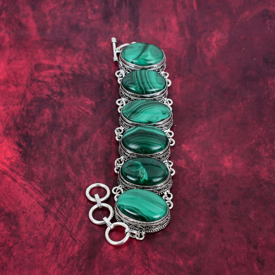 Браслет ювелирный повседневный ручной работы из чистого серебра 925 пробы с малахитом и драгоценными камнями в подарок - Изображение 4 из 4