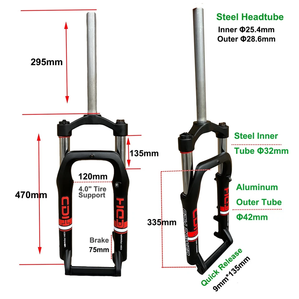 20*4"Fat Tire Suspension Fork Manual Lockout 9mmQR Spring E-Bike/Snow Bike Forks - Image 3 of 4