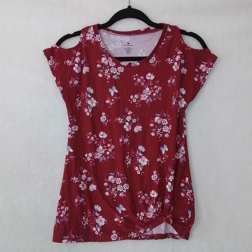 One Step Up Super Soft Cold Shoulder Tee Girl's L in Burgundy w/ Floral Print