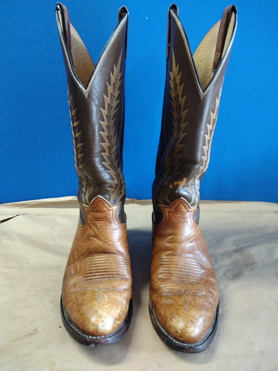 Vintage Tony Lama 6532 Mens Two Tone Western Cowboy Leather Boots Brown Size 9E