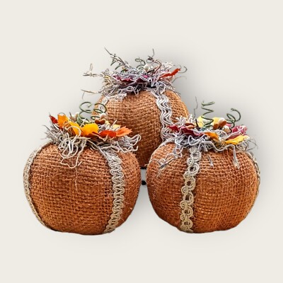 Fall Pumpkins--Burlap Covering--Burlap Laces--Set of 3--All Different--#148 D