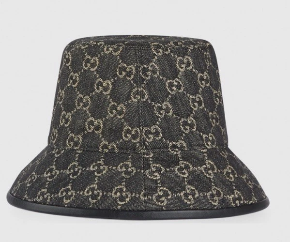 GUCCI HAT GG LOGO MONOGRAM JACQUARD Black w LEATHER TRIM BUCKET UNISEX $590 L - Image 2 of 4
