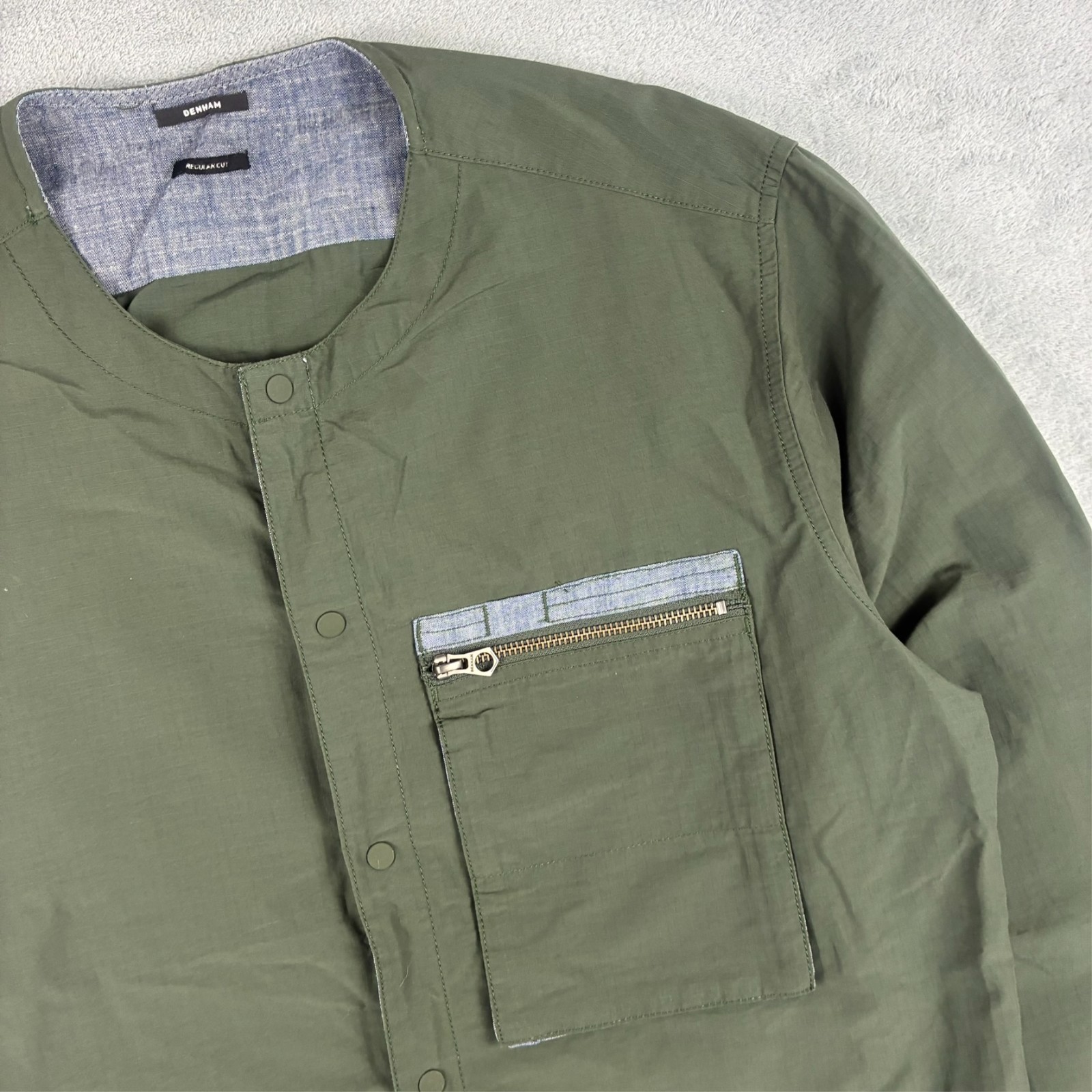 Denham Khaki Green Japanese Collarless Lrg Overshirt Jacket L/S Button Up Shirt image 3