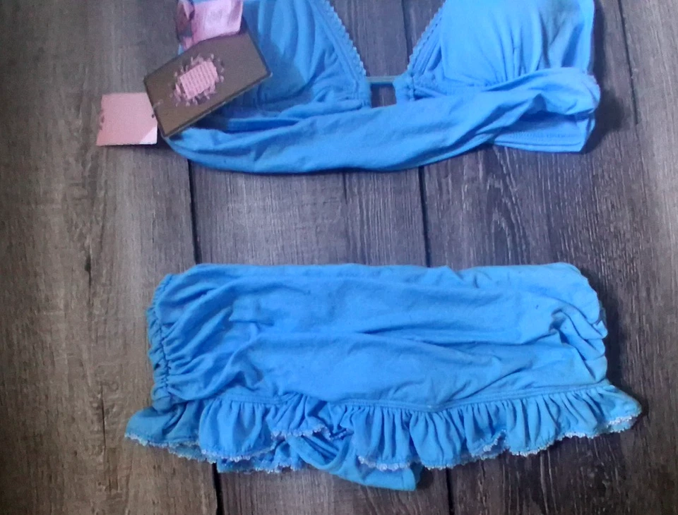 Juicy Couture Azul Salpicaduras Falda Halter Bikini Traje de Baño Grande Top Pequeño Botón Foto 3 de 4