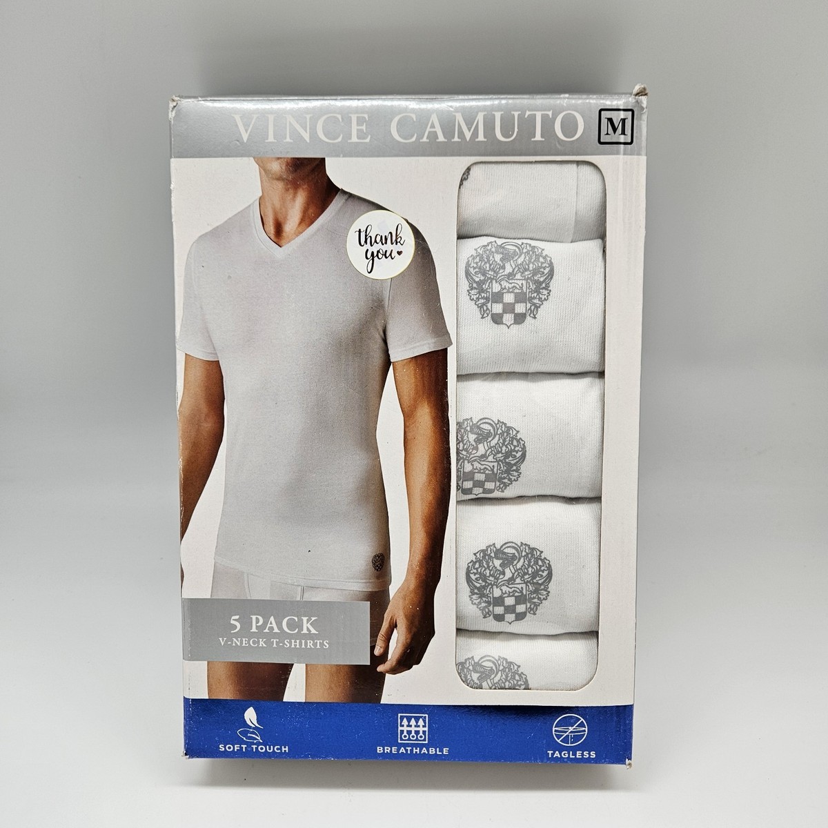 5 Pack VINCE CAMUTO Men's S M L White Logo V Neck Cotton T Shirt