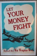 "ULTRA RARE" ORIGINAL WWII BRIGHTON & HOVE WAR WEAPONS WEEK POSTER ON LINEN