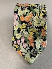 Premier Stock Floral Neck Tie Black Sage Peach Botanical Statement Tie