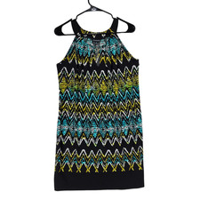 Enfocus Studio Mini Shift Dress 8 Women Black Green Sleeveless Stretch BOHO 70s