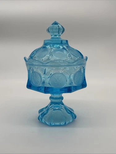 Fostoria Wedding Bowl with Lid Blue Glass Coin Medallion Covered Pedestal Dish