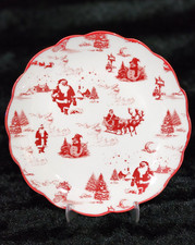 4 Red White Santa Toile Appetizer Plates 6.25" Ceramic Scallop Snowman Christmas