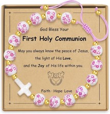 Girls First Communion Beaded Charm Bracelet Adjustable Pink White Gold Cross