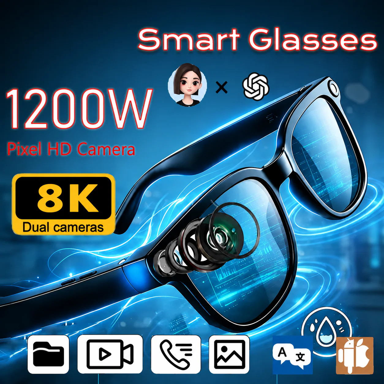 Lunettes IA de voyage avec traduction en temps réel et caméra HD pour explorateur urbain