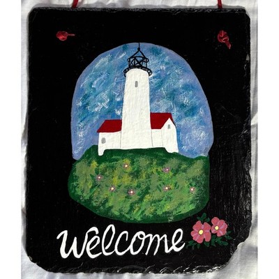 Hand Painted Lighthouse Stone Welcome Sign Plaque Nautical Ocean Boats Floral