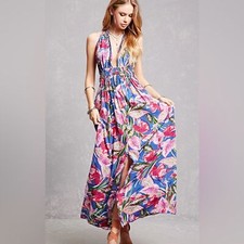 Boho Me Floral Maxi Dress Tropical Blue Pink Small