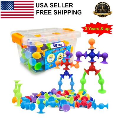 58 Piece Suction Cup Toy Set with Bin, Stimulating Sensory Travel Bathtub Toys