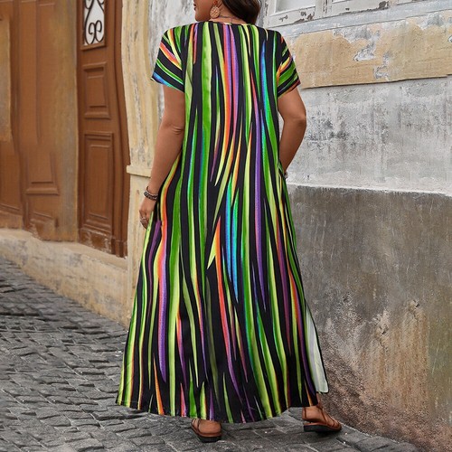 Plus Size 28 Womens Striped Maxi Dress Ladies Summer Beach Holiday Split Kaftan - Picture 8 of 23