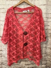 Le Moda Top Womens XL Lagenlook Pink Crochet Mesh Large Button Flowy Layering