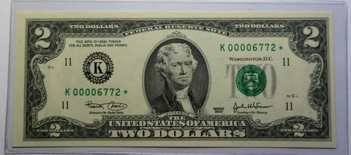 2003 2$ STAR NOTE LOW SERIAL NUMBER