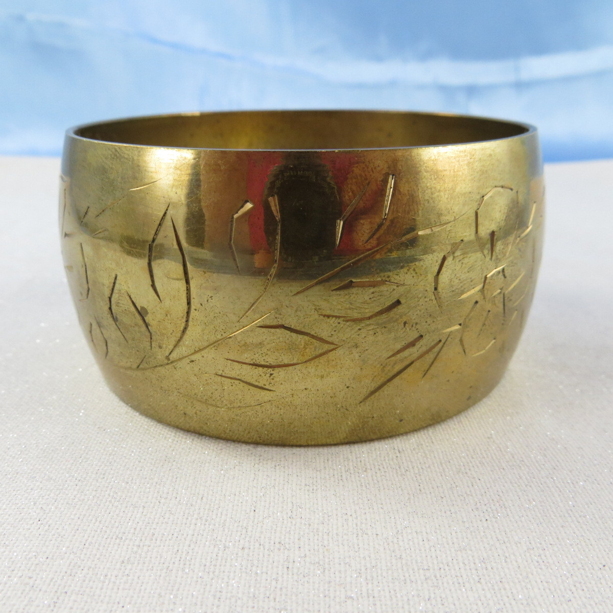 WIDE Vintage Solid Brass Bangle Bracelet Etchings… - image 2