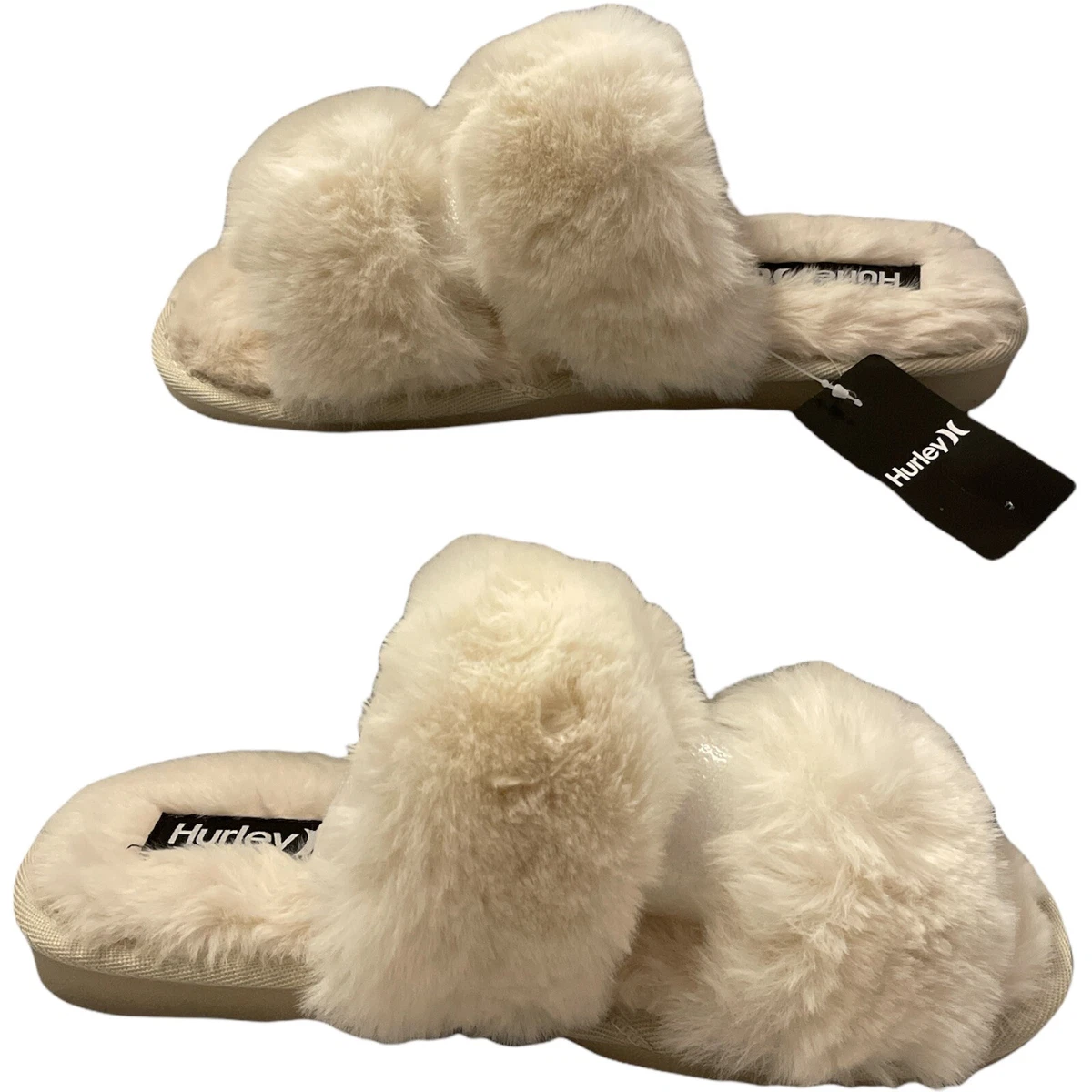 Women s Slippers Size 8 Hurley Carol Cream Faux Fur 2 Straps