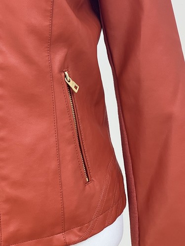 Andrew Marc NY Faux Leather Biker Jacket Brown Orange Size S Zip Pockets BNWT - Picture 4 of 13