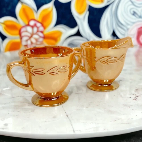 Anchor Hocking Fire King Peach Luster Laurel  Sugar Bowl and Creamer Set Vintage