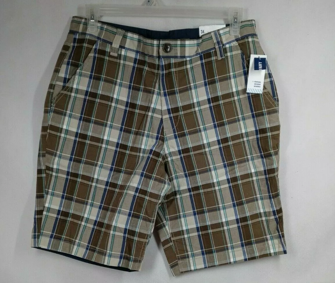 NWT Old Navy Men s Plaid Solid Blue Reversible Golf Shorts Size 34