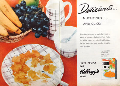 1955 Werbung für KELLOGGS Corn Flakes Frühstück Müsli Originaldruck Anzeige Ephemera