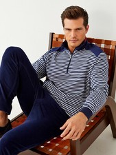 Bugatchi Men's 1/4 Quarter Zip Pullover Sweater Blue Grey Stripe XXL / 2XL