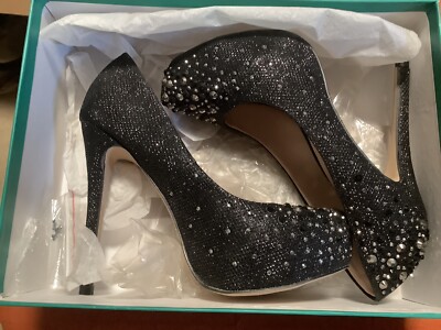 Lauren Lorraine Vanna 2 Black Glitter High Heel Rhinestone Platform Pump 7.5M
