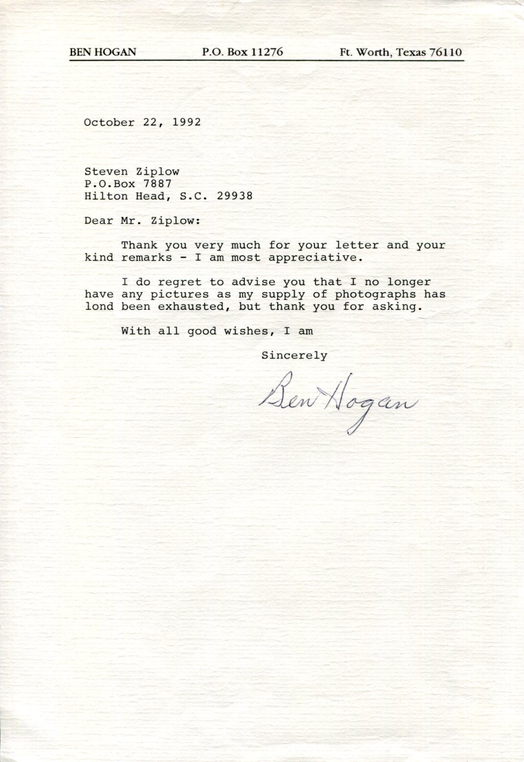 Ben Hogan Autographed Signed PGA Masters Golf Champ HOF Rare Letter JSA 